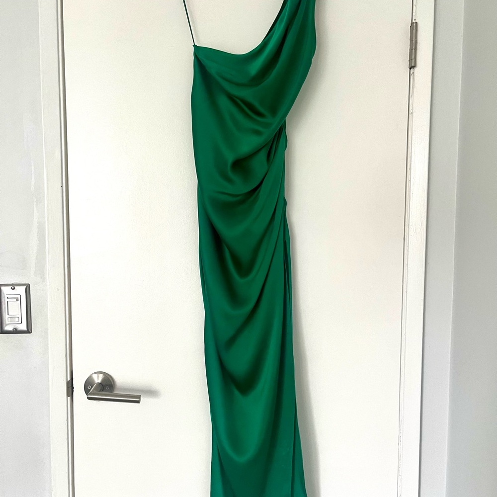 Amanda Uprichard Jaida Silk One Shoulder Maxi in Dark Green (S)